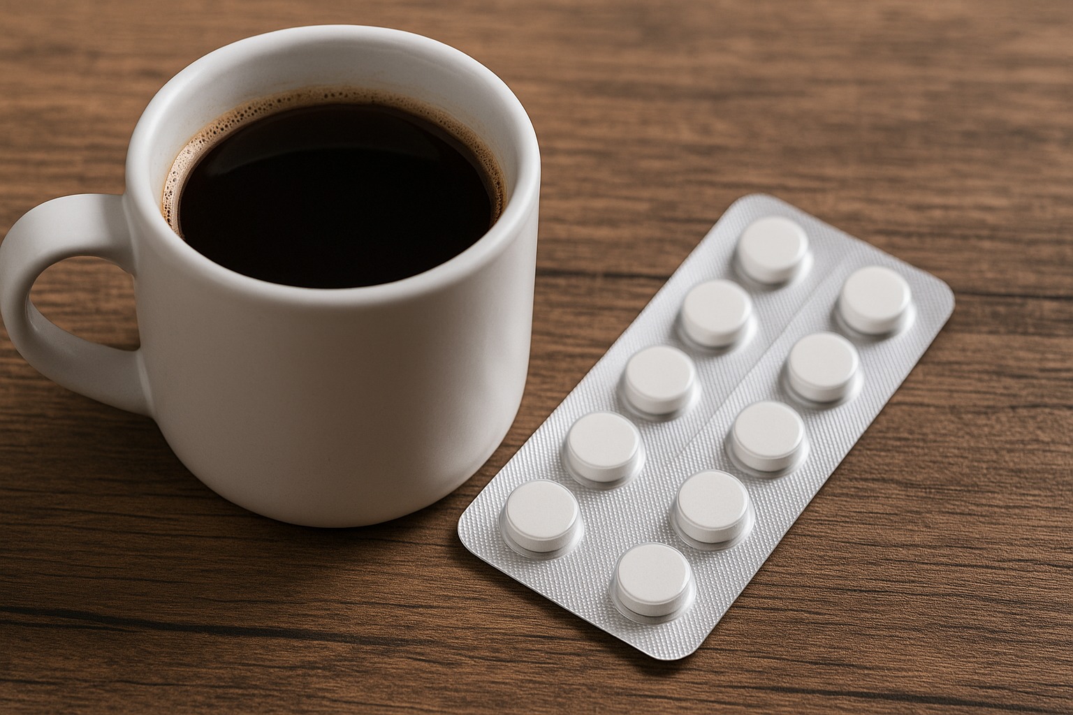 An image showing a cup of coffee next to a bar of medicines.