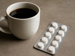 An image showing a cup of coffee and a package of medicines next to each other.
