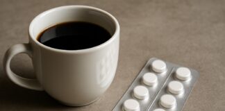 An image showing a cup of coffee and a package of medicines next to each other.