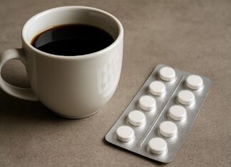 An image showing a cup of coffee and a package of medicines next to each other.