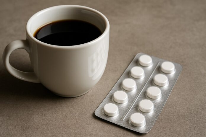 Coffee May Reduce the Effect of Common Medicines An image showing a cup of coffee and a package of medicines next to each other.