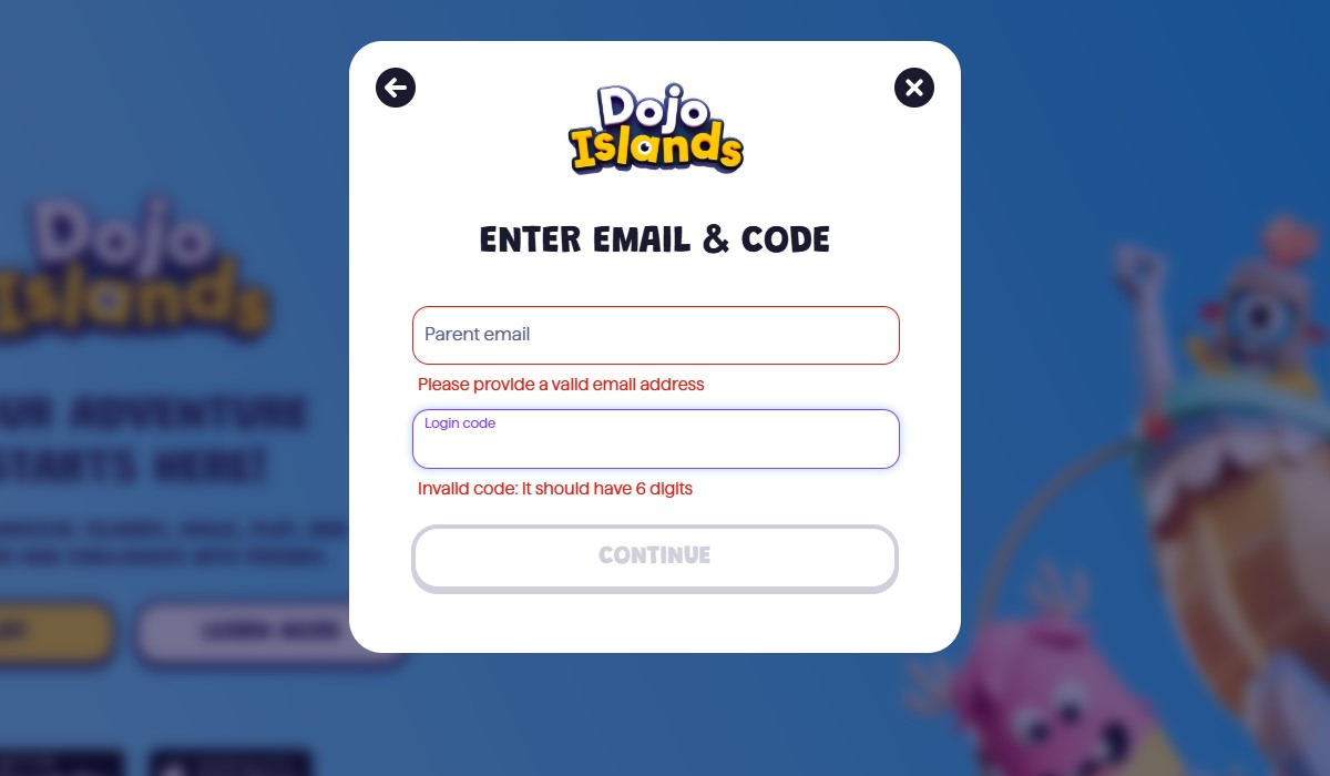An image shopwing the login screen in Dojo Islands game.
