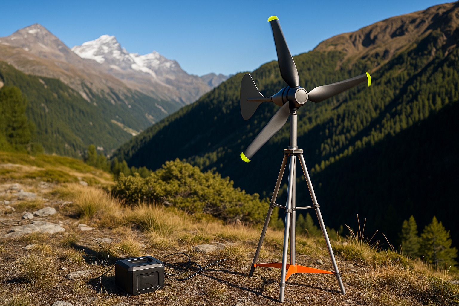 An image of a Portable Wind Turbine in nature, showing its full potential as a device you can bring on camping and keep your phone and other small devices fully charged.