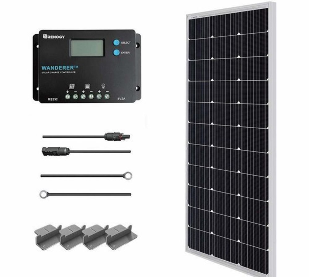 An image of all parts that comes with Renogy 100 Watt 12 Volt Solar Starter Kit