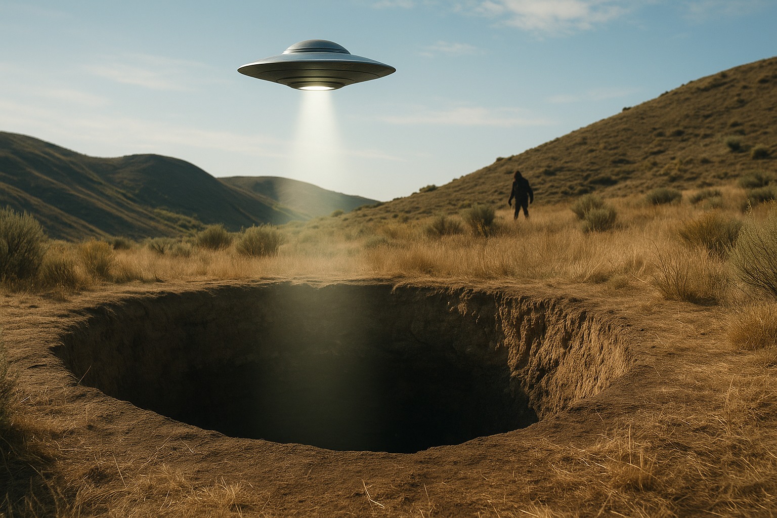 The landscape of Mel’s Hole in Washington, showing a massive dark pit, hovering UFO with light beam, and distant Bigfoot figure in daylight hills.