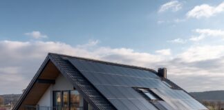 An image of a house with a rooftop covered with solar panels.