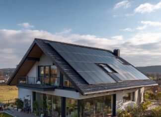 An image of a house with a rooftop covered with solar panels.