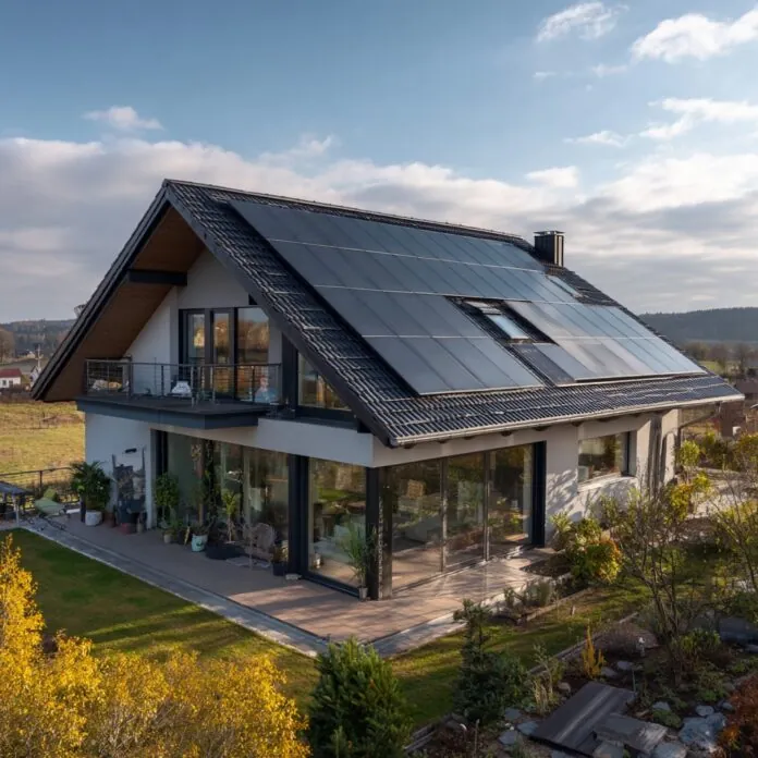An image of a house with a rooftop covered with solar panels.