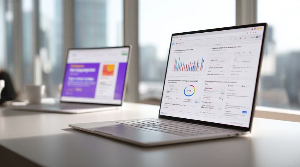 Laptop screens with Amazon ad dashboard and eBay promoted listings page