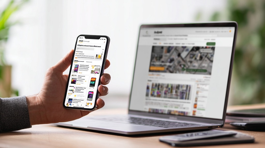 Person holding smartphone with Amazon app open next to laptop showing eBay homepage