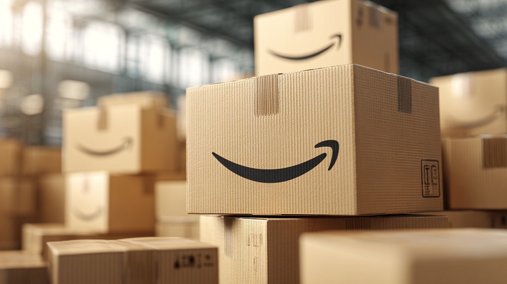 Amazon Prime delivery box on warehouse floor