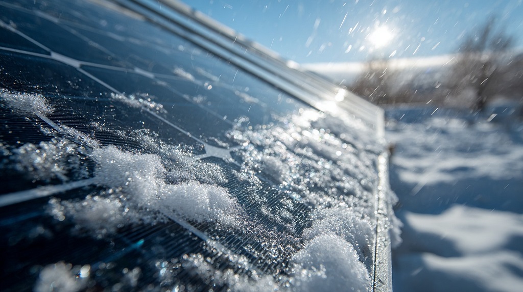 Close-up of solar panels covered with patches of snow on a sunny winter day