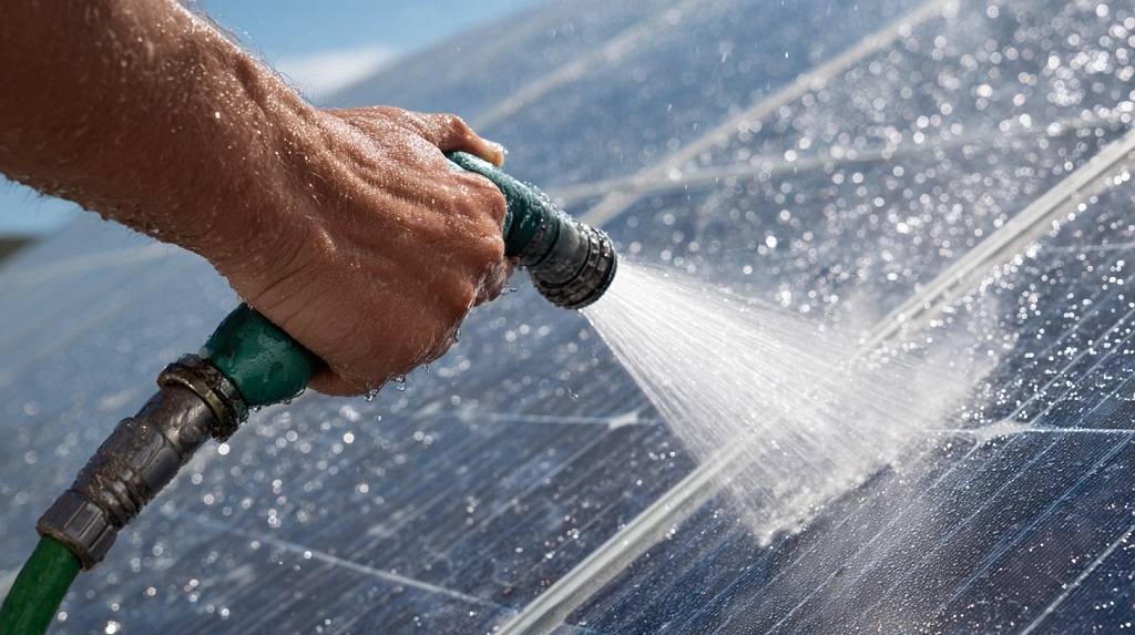 Hand holding a garden hose rinsing solar panels with water