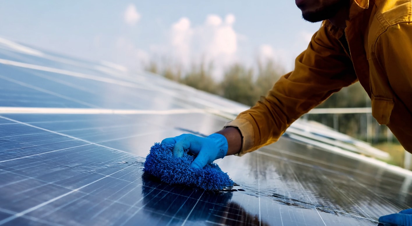 An image of a man why cleaning the solar panels on a roof.