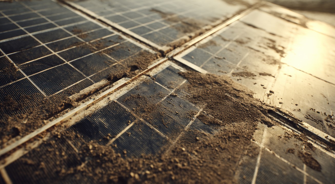 An image showing panels full of dirt and dust. The main reason why solar cleaning is essential.