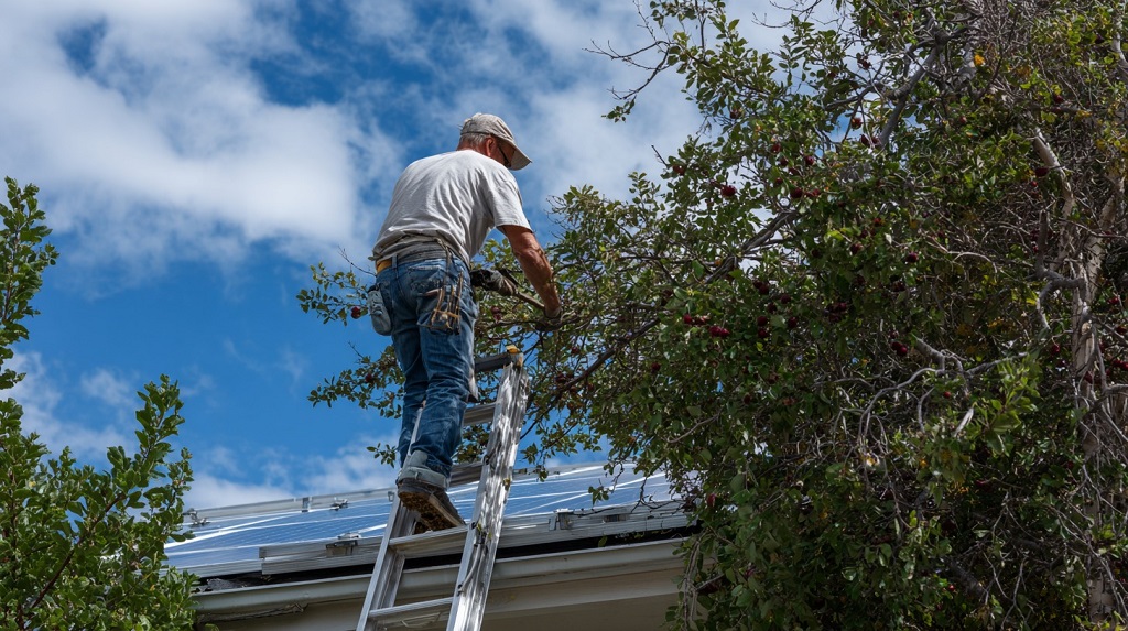 Man on a ladder trimming tree branches near rooftop solar panels