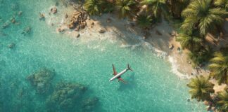 Aerial view of a tropical beach with clear turquoise water, palm trees, and an airplane flying low above the shoreline