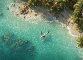 Aerial view of a tropical beach with clear turquoise water, palm trees, and an airplane flying low above the shoreline