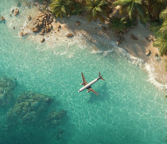 Aerial view of a tropical beach with clear turquoise water, palm trees, and an airplane flying low above the shoreline