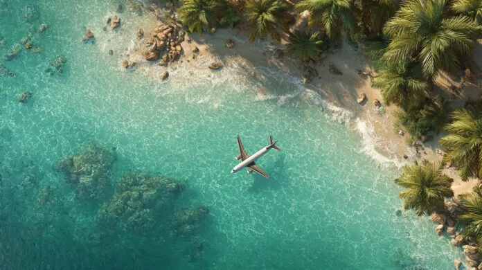 Aerial view of a tropical beach with clear turquoise water, palm trees, and an airplane flying low above the shoreline