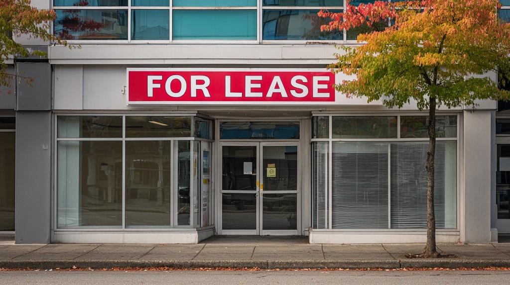 A vacant retail storefront with a large red “For Lease” sign above the entrance