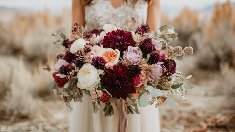 A bride holds a bold bouquet with rich cherry and berry tones that match punchy bridal color trends