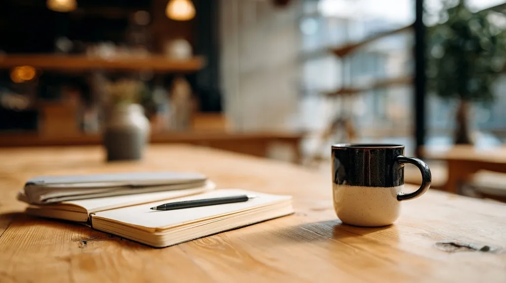 An open notebook with a pen and a coffee mug on a wooden table in a bright workspace