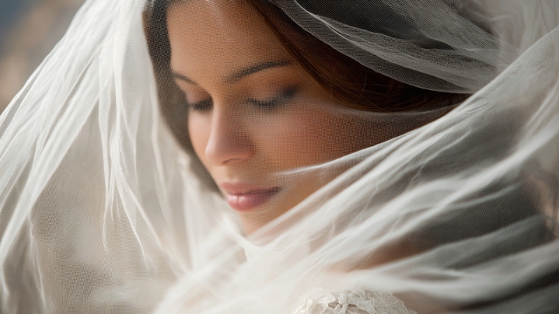 A bride poses beneath a soft, flowing veil that highlights dramatic drapery details