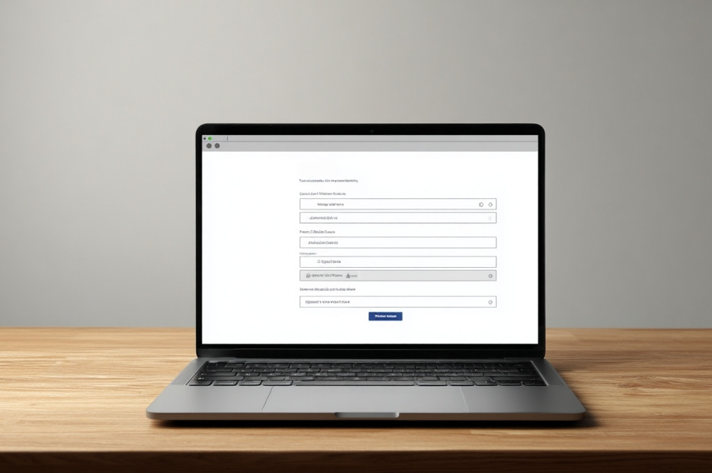 A laptop on a wooden desk displaying a simple online business registration form