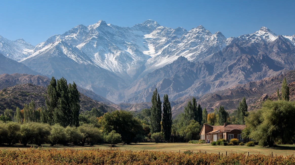 A house in Mendoza surrounded by trees with the snow-covered Andes mountains in the background