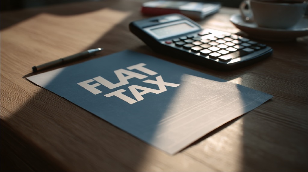 A sheet labeled “Flat Tax” on a desk beside a calculator and pen