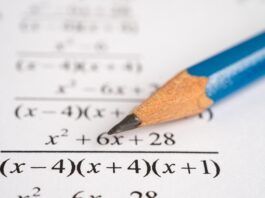 Student works through geometry and algebra topics on paper with a pencil and visible equations