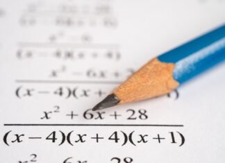 Student works through geometry and algebra topics on paper with a pencil and visible equations