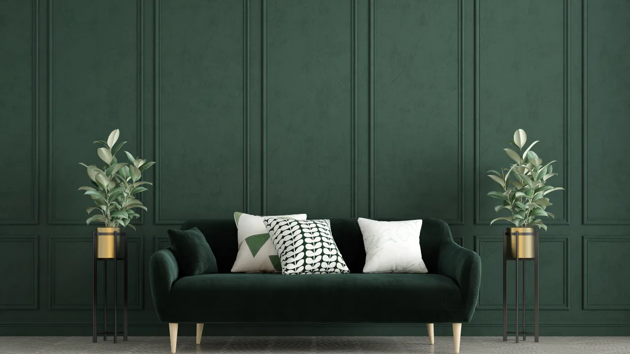 Jade green wall paint adds a calm and rich look to the living room