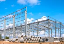 Steel frame construction site with stacked pipes showing material shortages before project work begins