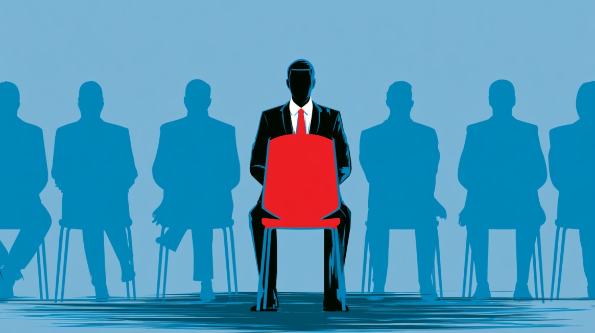Illustration of a central interview candidate holding a red document, seated among shadowed applicants.