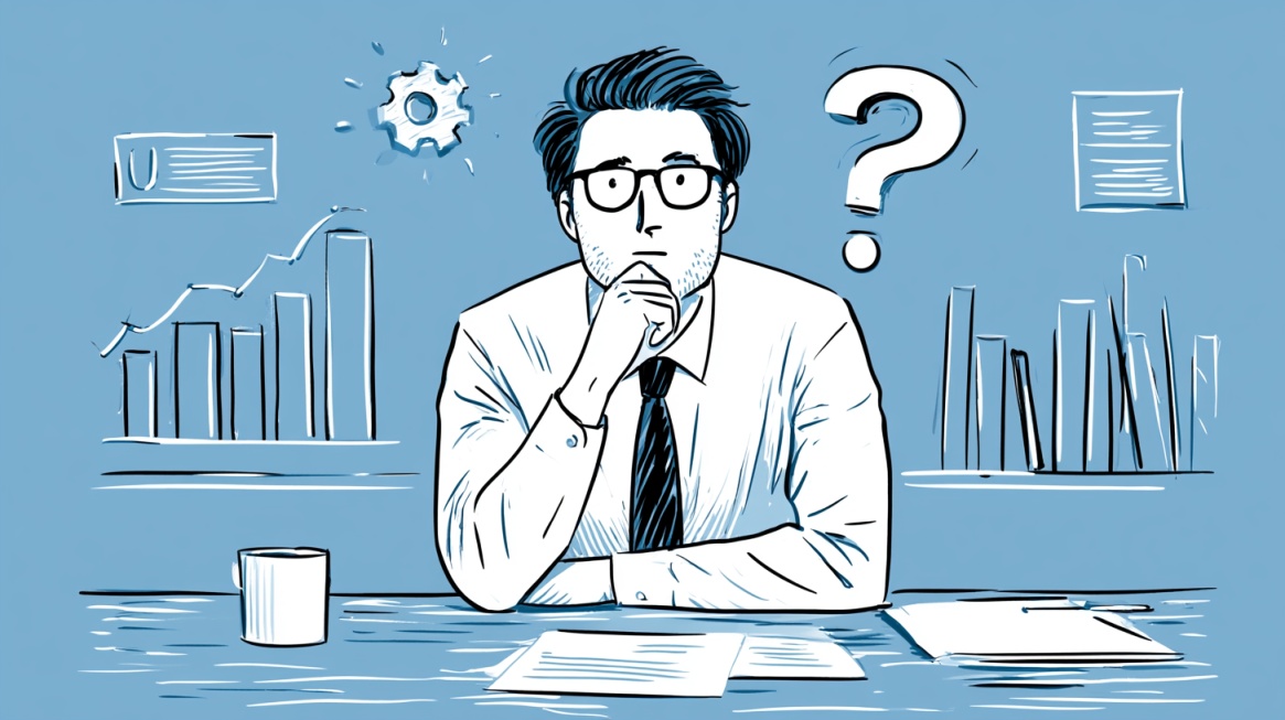 Illustration of a concerned finance candidate with charts, documents, and a question mark in the background.