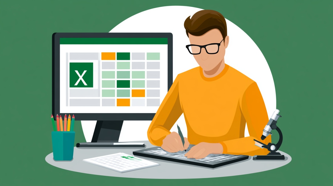 Illustration of a person working on an Excel test at a desk with a computer, spreadsheet, pencils, and microscope.