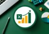Excel-themed graphic with charts, calculator, laptop, and financial reports on a green desk showcasing Excel skills.