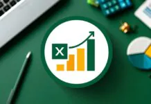 Excel-themed graphic with charts, calculator, laptop, and financial reports on a green desk showcasing Excel skills.