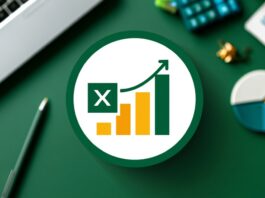 Excel-themed graphic with charts, calculator, laptop, and financial reports on a green desk showcasing Excel skills.