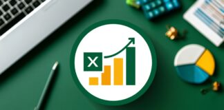 Excel-themed graphic with charts, calculator, laptop, and financial reports on a green desk showcasing Excel skills.