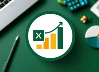 Excel-themed graphic with charts, calculator, laptop, and financial reports on a green desk showcasing Excel skills.