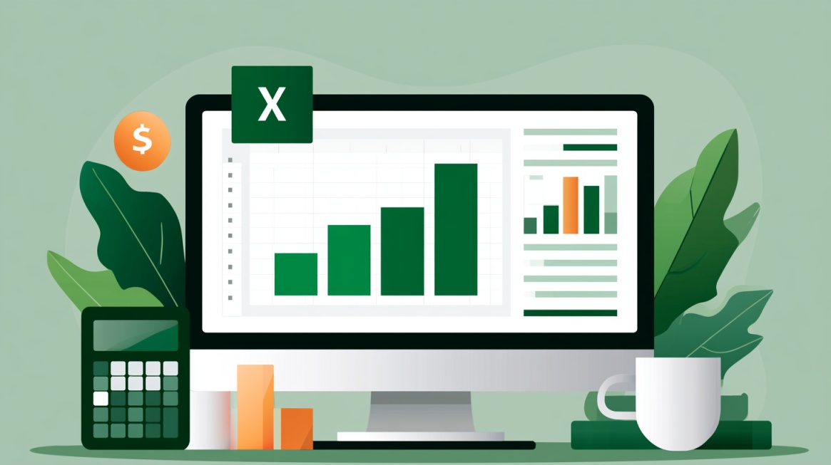 Illustration of a desktop screen showing Excel charts, with a calculator, books, plants, and a coffee cup.