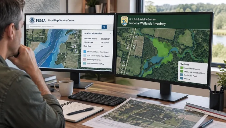 Buyer checking FEMA flood zones and USFWS wetland areas on maps before purchasing land