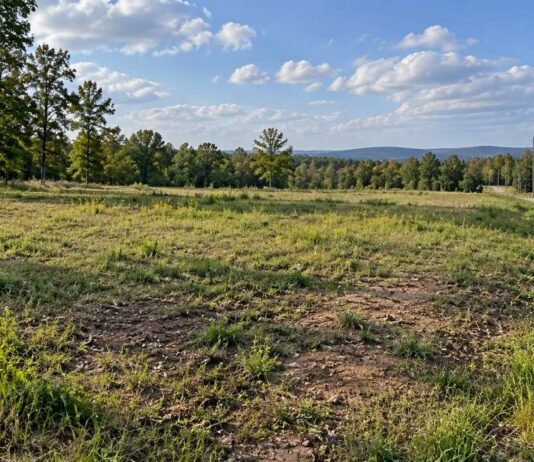 Vacant buildable land parcel with grassy terrain, gravel road, trees, and nearby utility poles.