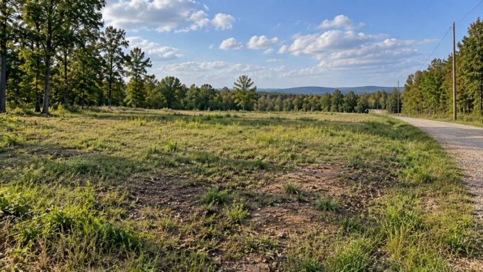 Land for sale Vacant buildable land parcel with grassy terrain, gravel road, trees, and nearby utility poles.