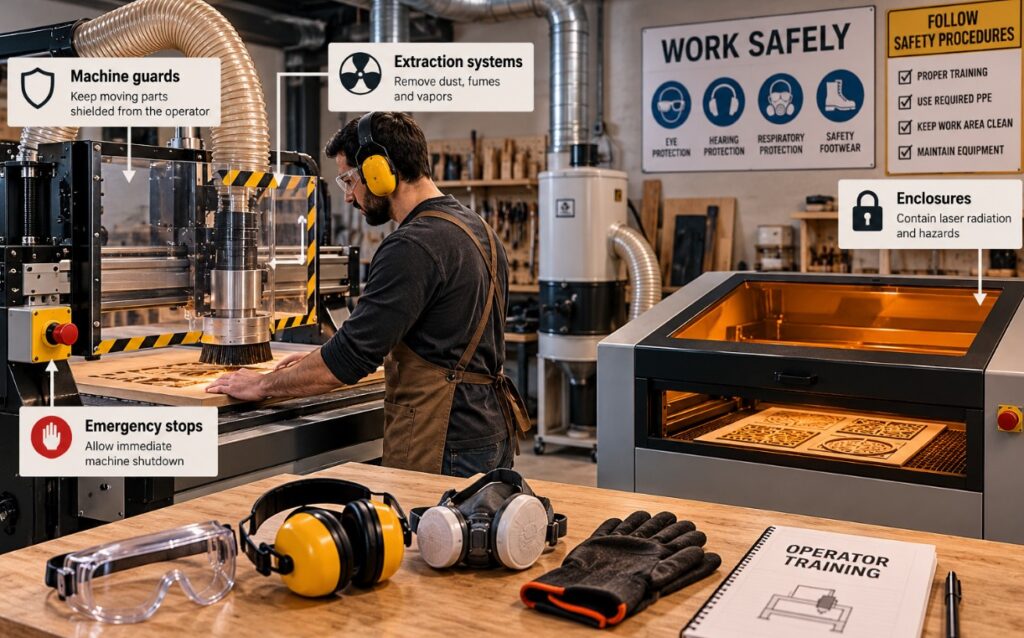 Worker wearing safety glasses and hearing protection operating a CNC machine with protective guards, dust extraction, and emergency stop controls in an industrial workshop